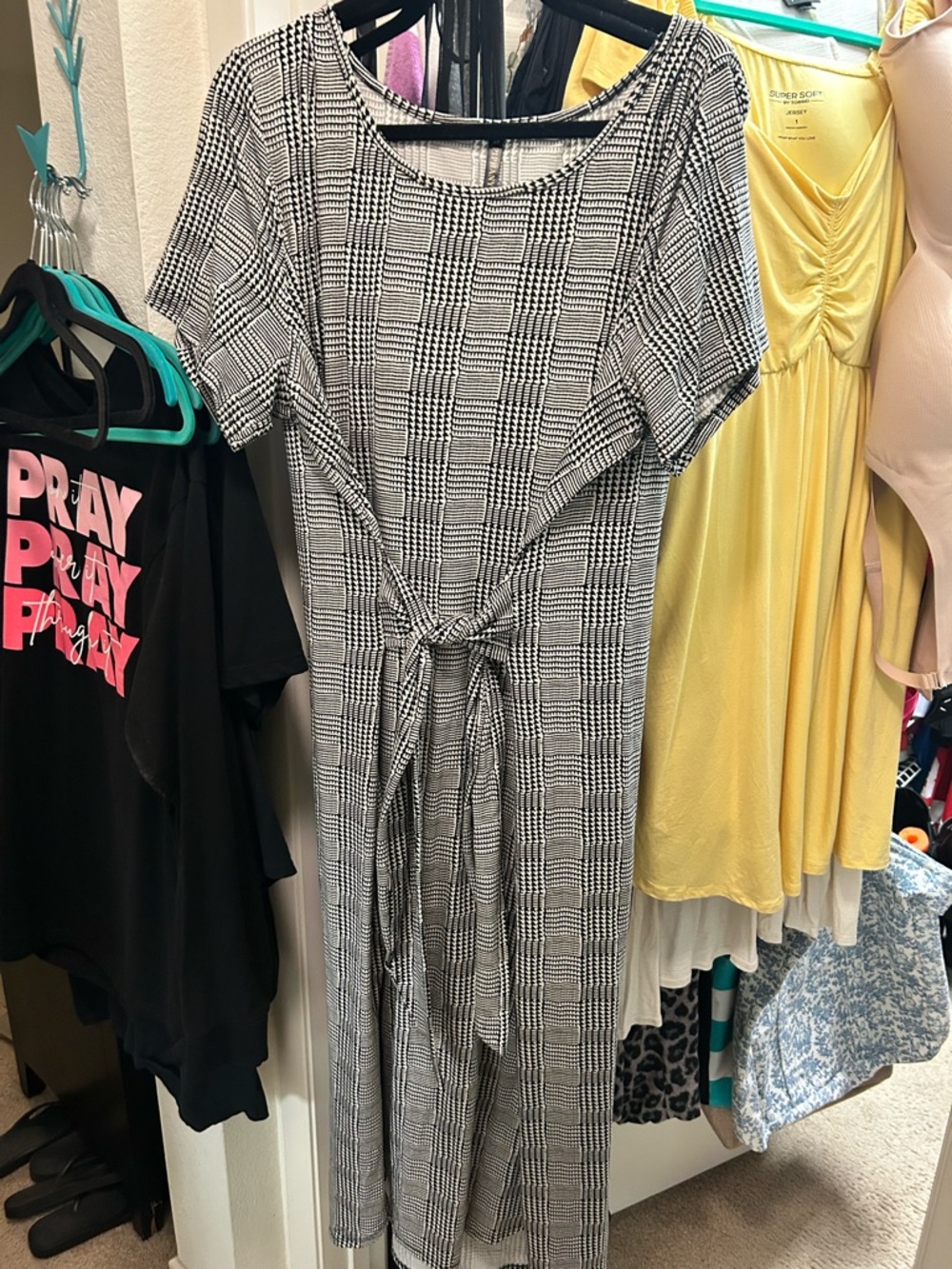 Piphany Black and White Plaid Tie-Waist Midi Dress